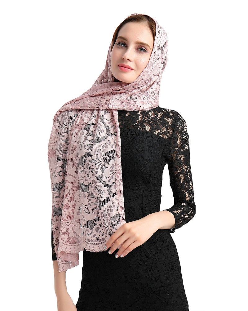 Leimandy Rectangular Lace Veil for Women Lace Scarf Catholic Orthodox Church Head Covering for Latin Mass Baptism Confirmation V25 (Dusty Pink) - Image 1